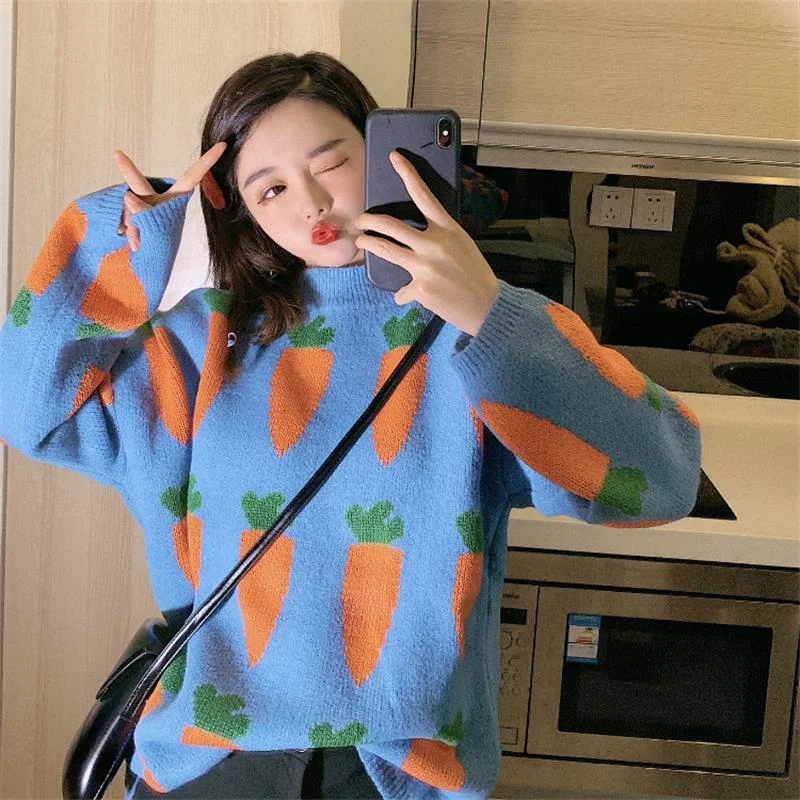 Women's Clothing Cute Kawaii Thick Loose Carrot Embroidery Sweater Lady Harajuku Ulzzang Sweaters For Women Ulzzang Knitted