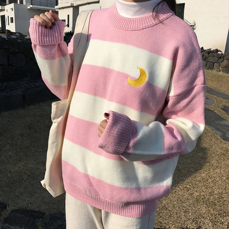 Women's Sweaters Kawaii Ulzzang College Candy Color Stripes Moon Sets Embroidery Sweater Female Harajuku Clothing For Women