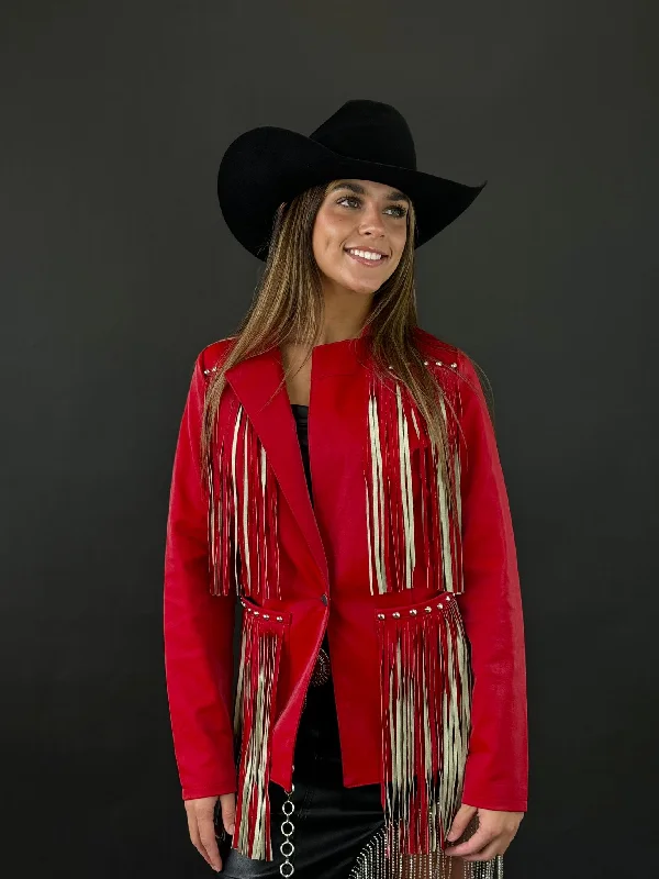 Rock&Roll Womens Long Red Jacket with Fringe Back