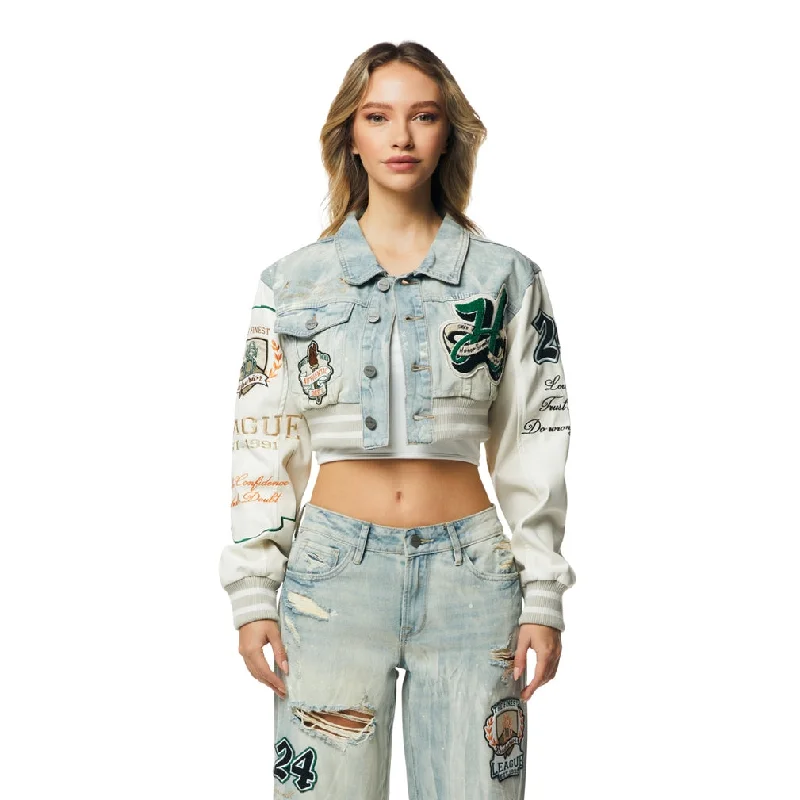 Cropped Varsity Jean Jacket - Leo Blue