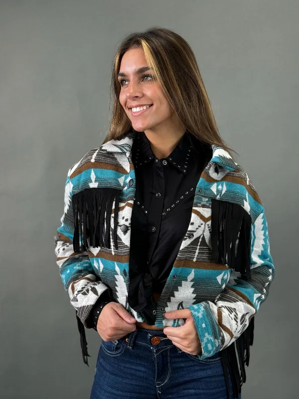 LUCKY & BLESSED WESTERN AZTEC BLACK FRINGE SNAP JACKET