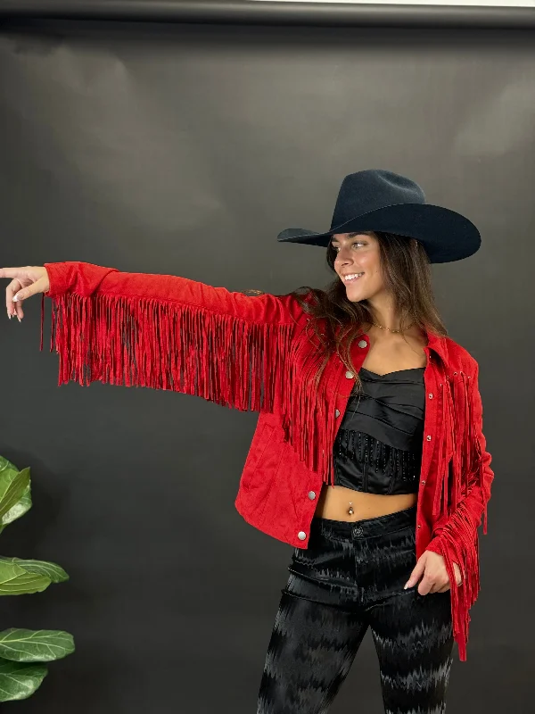 Rock&roll Womens Short Suede Fringe Coat Red