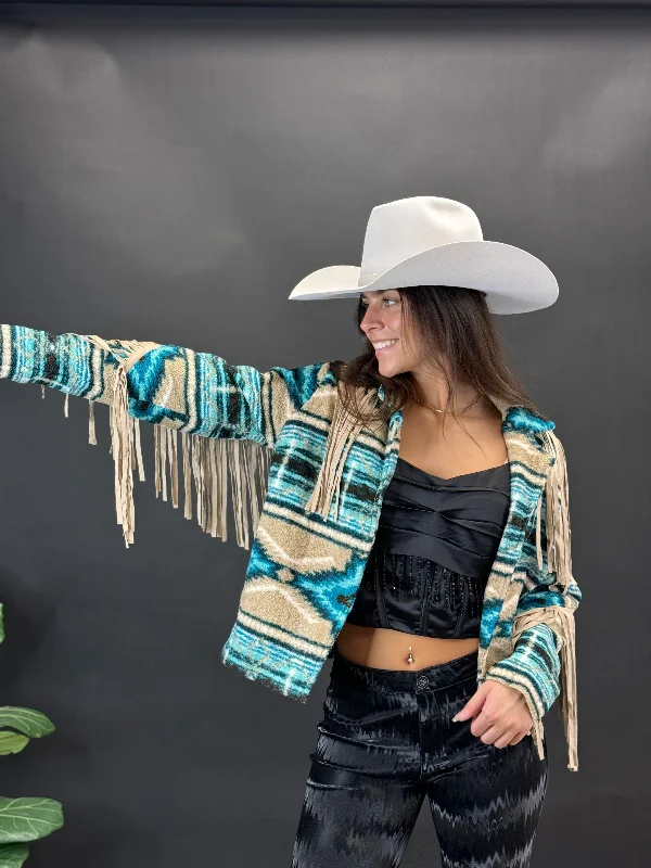 Rock&roll Womens Teddy Berber Jacket W Fringe Turquoise