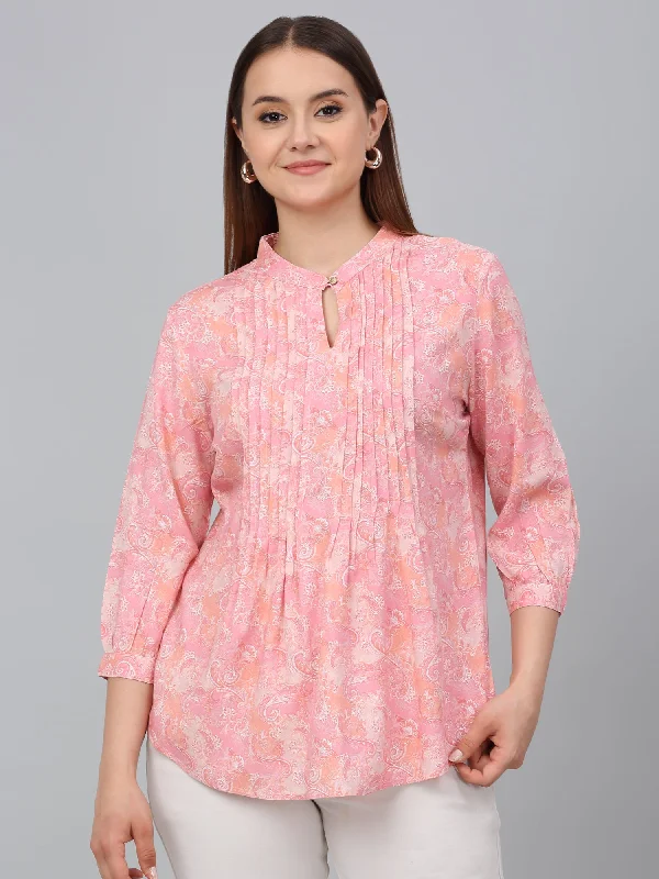 Women Pink Printed Mandarin Collar Casual Tunic