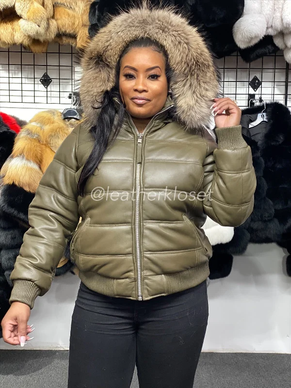 Women's Leather Snorkel Bomber Jacket Premium Racoon Fur Hood [Olive]