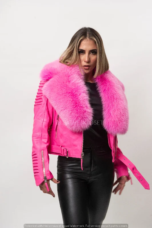 Women's Trey Biker Pink Oversized Fox Collar [Pink]