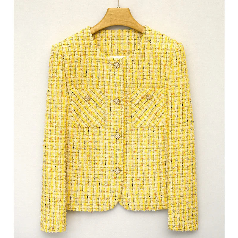 Yellow Luxury Woven Tweed Coat - Small Fragrance Jacket