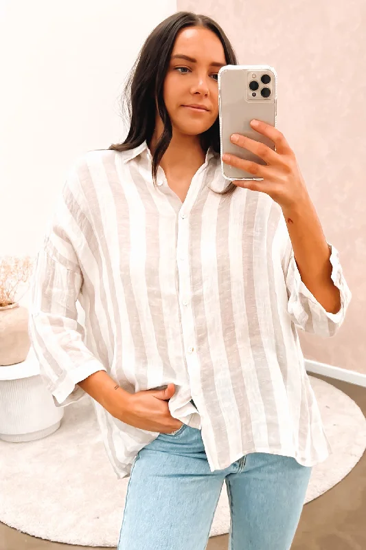 Aleena Linen Shirt Beige Stripe