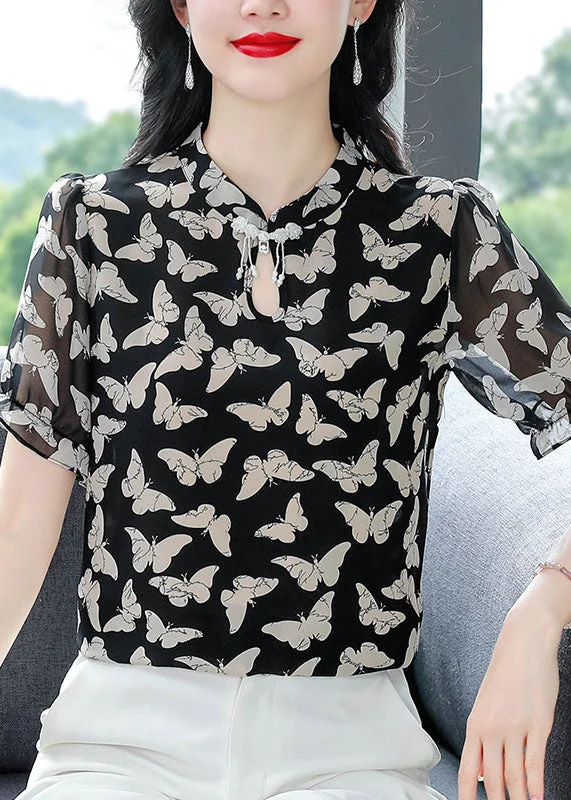 Beautiful Black Stand Collar Print Chiffon Shirts Summer