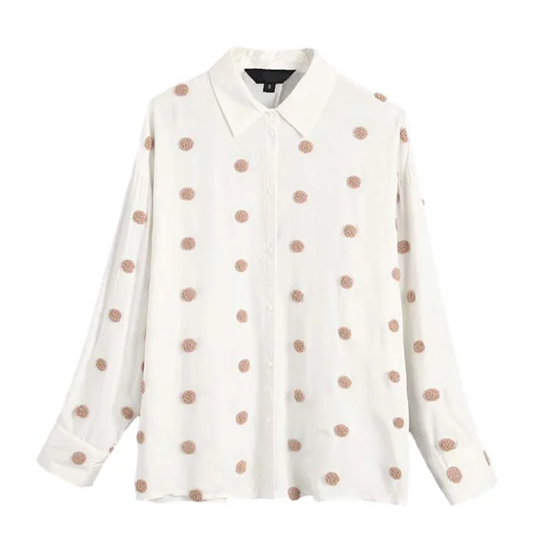 Blouse Shirt Women Embroidery Dot Top Turn Down