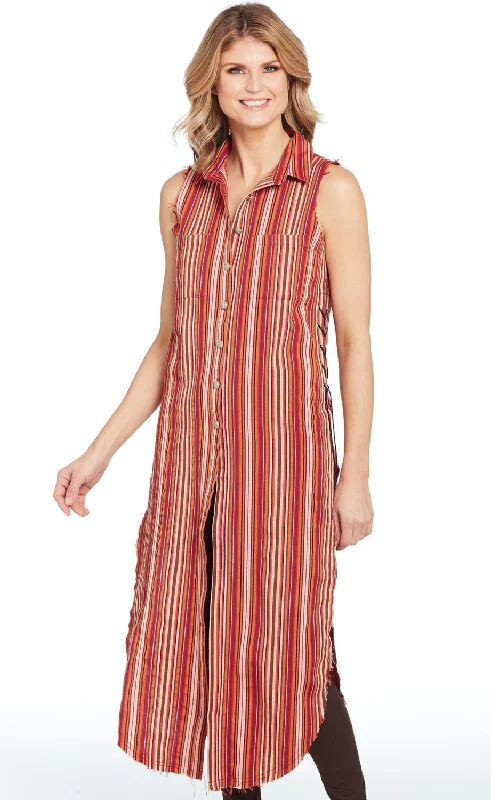 Cowgirl Up Womens Red Multi Polyester Striped Duster Western Shirt S/L