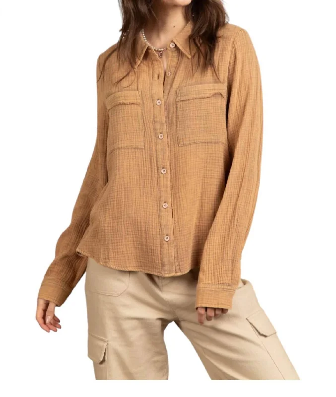 Crinkle Gauze Button Down Shirt In Mocha