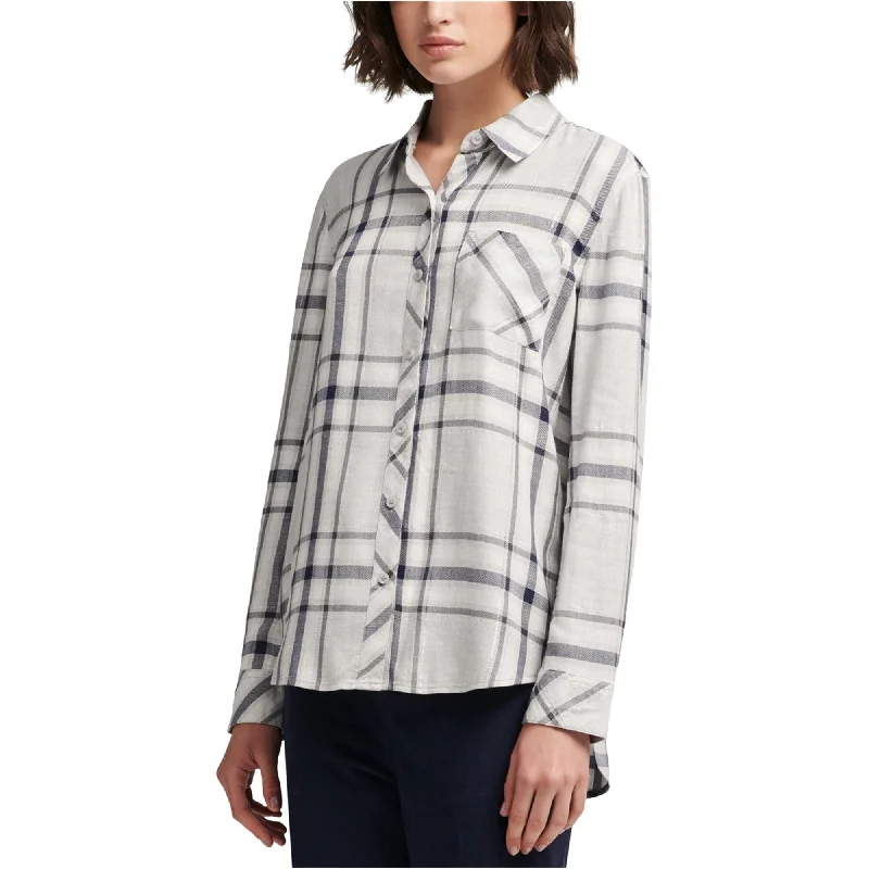 DKNY Womens Plaid Button Up Shirt, Grey, Large