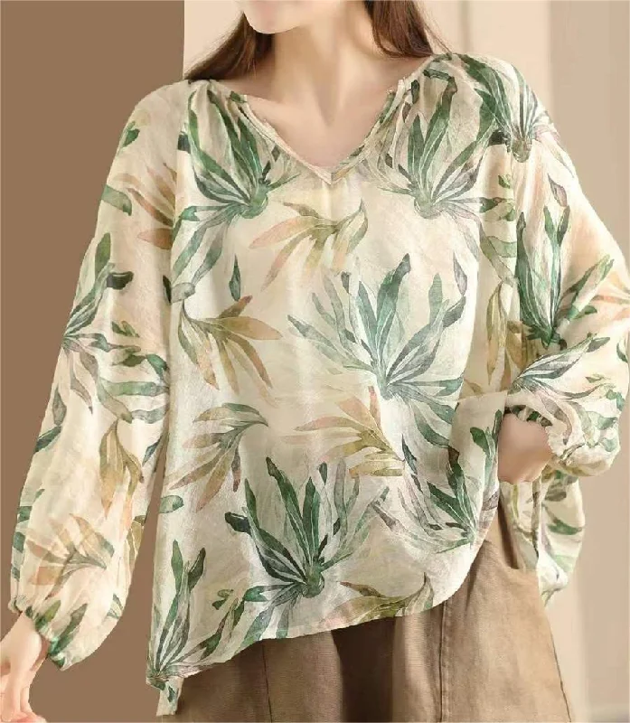 Green Summer Linen Retro Floral Printed Shirt