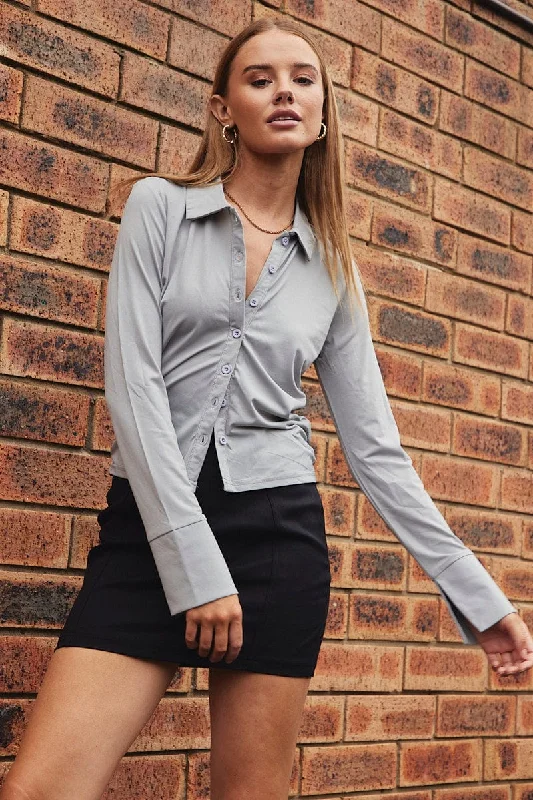 Grey Long Sleeve Shirt Collared Side Ruched