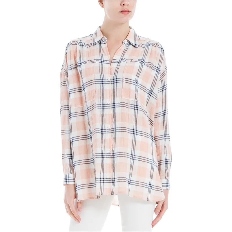 Max Studio London Womens Plaid Button Up Shirt, Pink, Medium