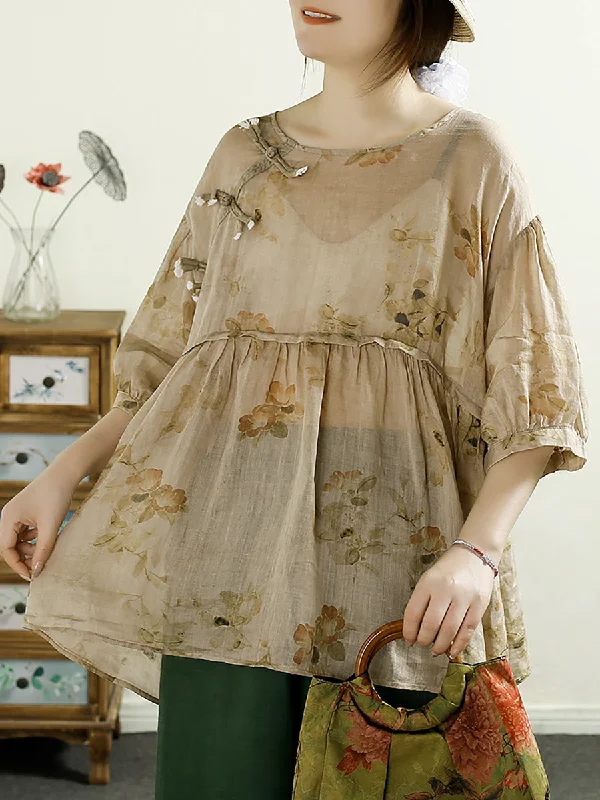 Summer Vintage Floral Spliced Ramie Shirt Half Sleeve