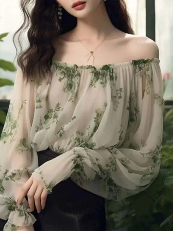 Versatile Luxurious Green One-shoulder Floral Shirt Long Sleeve