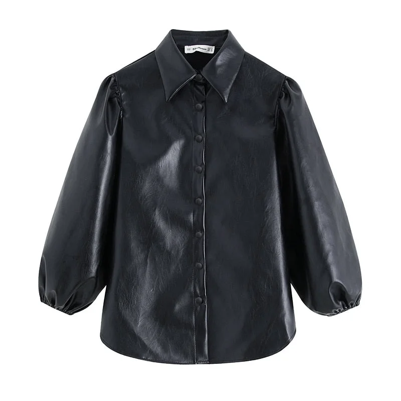 Vintage Black PU Faux Leather Blouse Shirt Women