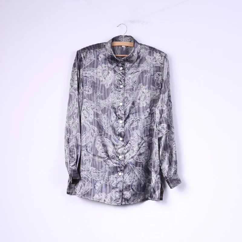 Vintage Women 12 38 Casual Shirt Gray Shiny Shoulder Pads Baroque Print Top