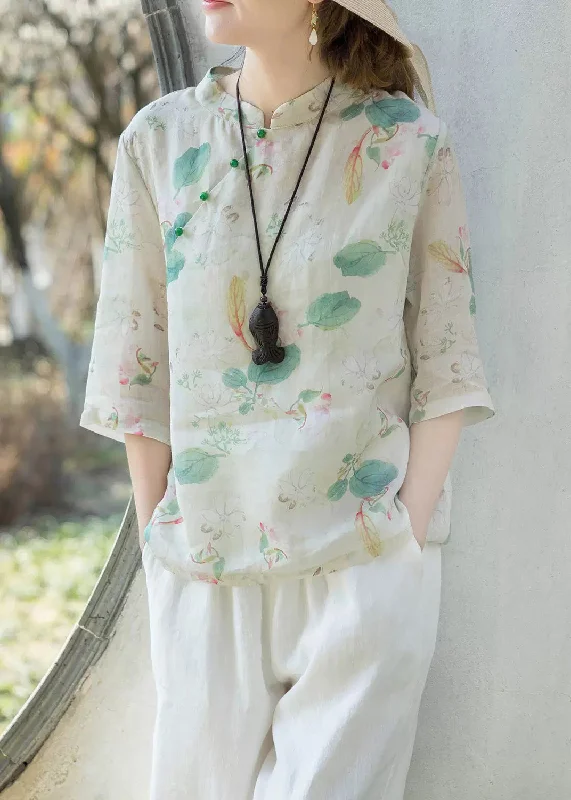 Women Green Print Stand Collar Button Linen Shirt Half Sleeve