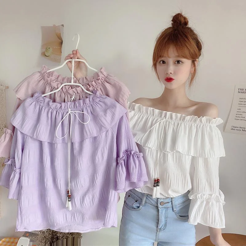 Women's Harajuku Ruffles Toned Horn Sleeved Shirts