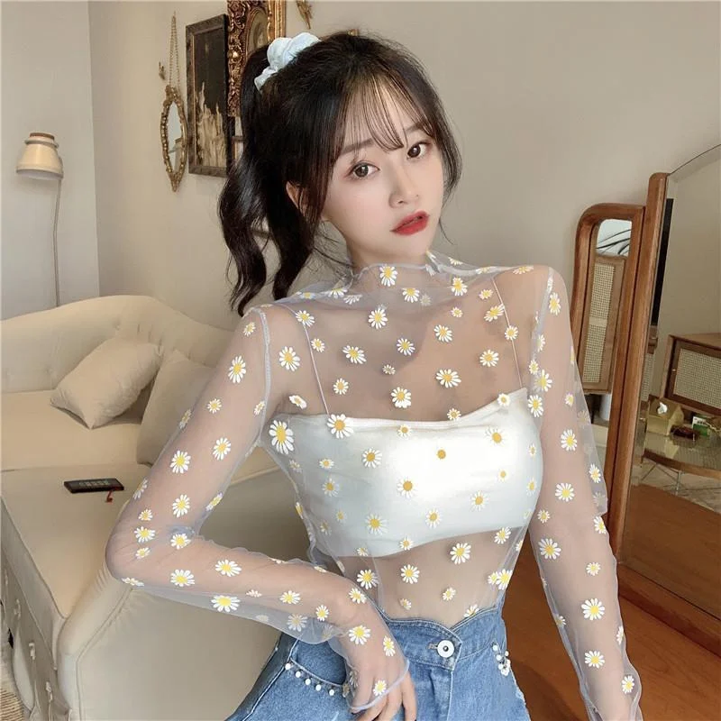 Women's Kawaii Daisy Printed Gauze Spliced Shirts