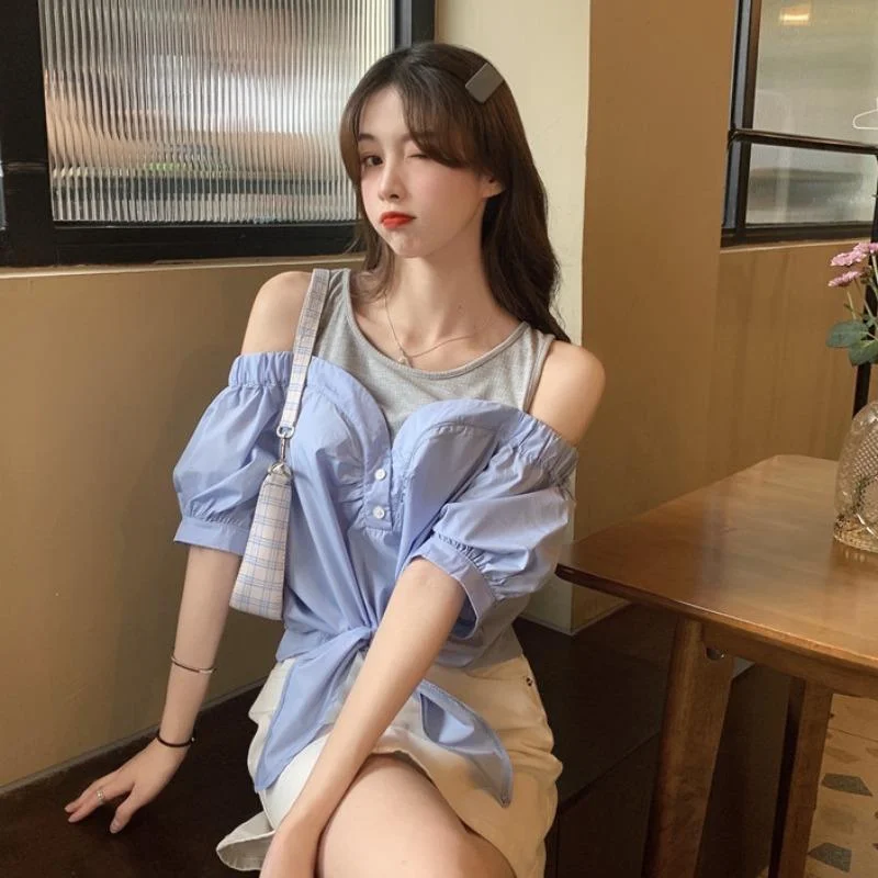 Women's Kawaii Off-the-shoulder False Two Pieces Shirts