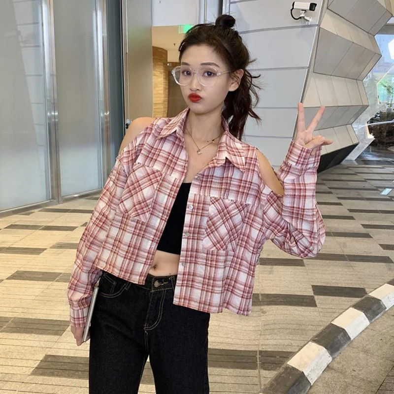 Women's Lovely Off Shoulder Plaid Shirts With Pocket