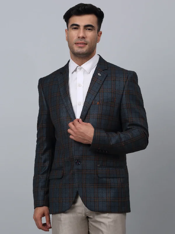 Bottle Green Checkered Full Sleeves Formal Blazer For Men