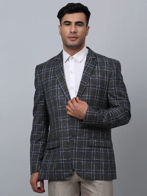 Grey Checkered Full Sleeves Formal Blazer For Men