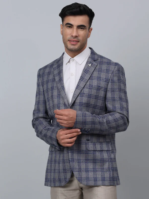 Grey Checkered Full Sleeves Formal Blazer For Men