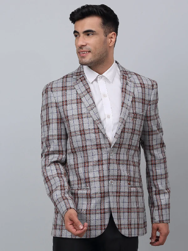 Grey Checkered Full Sleeves Formal Blazer For Men