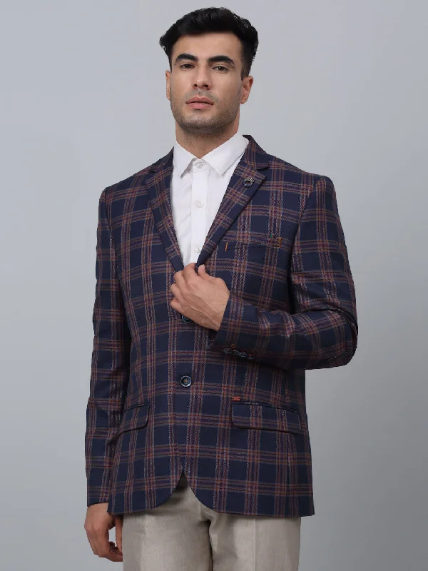 Navy Blue Checkered Full Sleeves Formal Blazer For Men