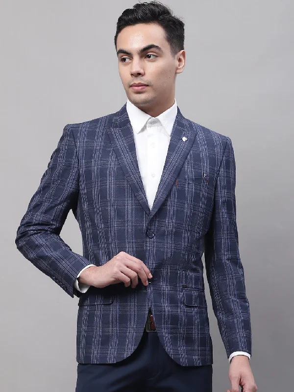 Navy Blue Checkered Full Sleeves Formal Blazer For Men