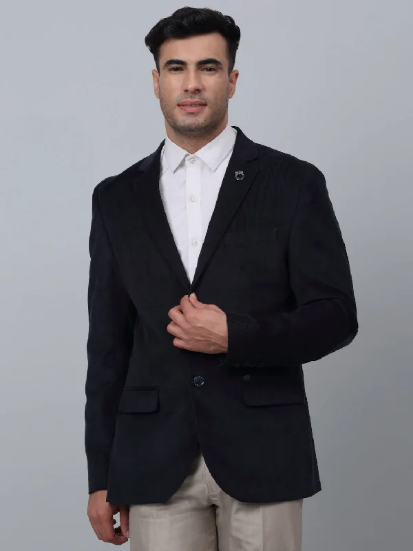 Navy Blue Solid Full Sleeves Formal Blazer For Men