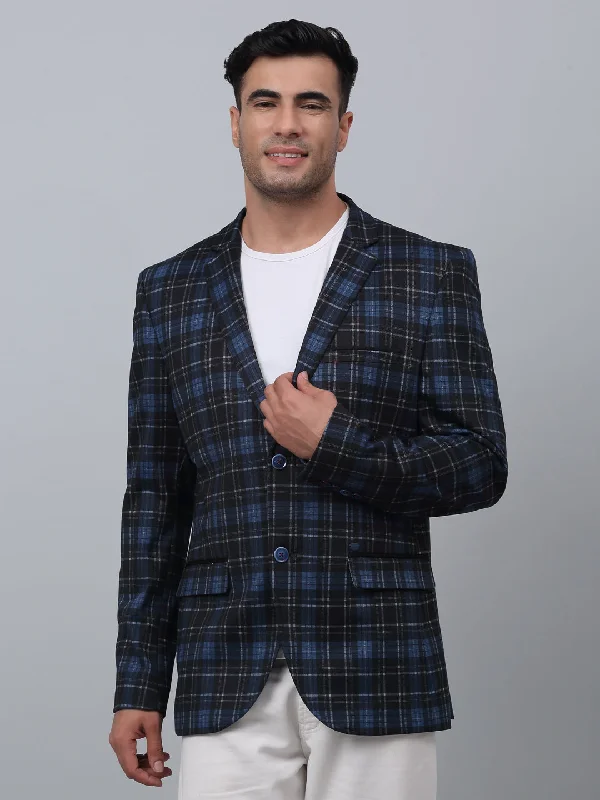 Navy Checkered Full Sleeves Casual Blazer For Men