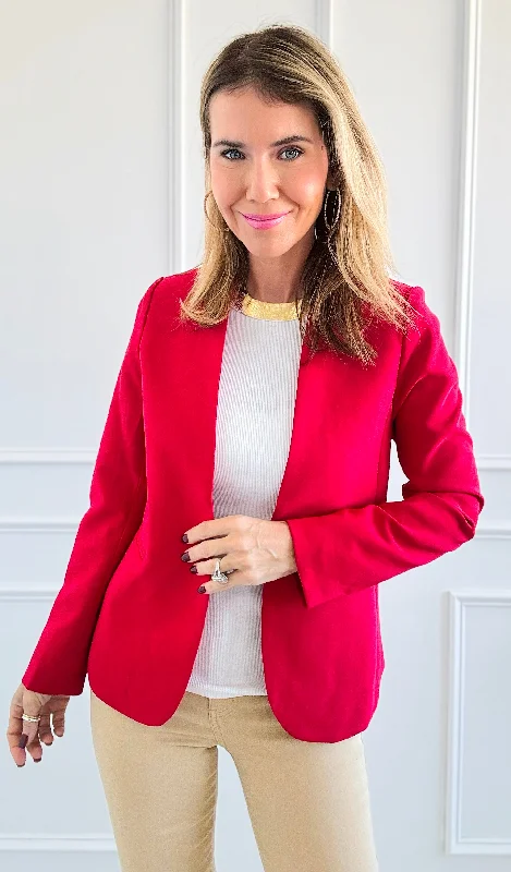 Collarless Open Front Blazer - Red