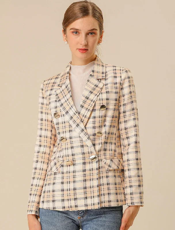 Notched Lapel Double Breasted Plaid Blazer Jacket