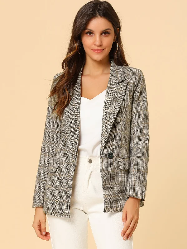 Plaid Notched Lapel One Button Houndstooth Blazer Jacket