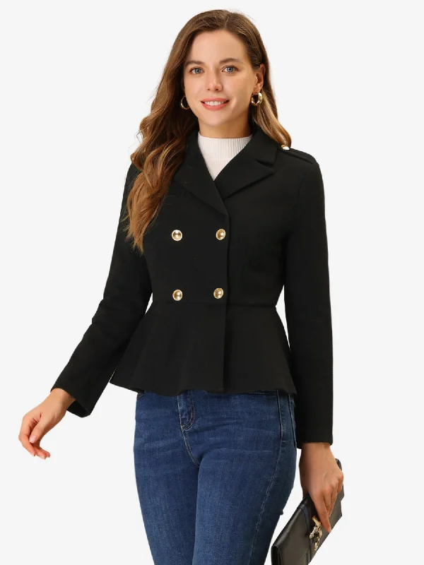 Double Breasted Pea Coat Notched Lapel Blazer Peplum Jacket