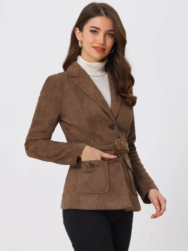 Faux Suede Blazer Belted Lapel Outwear Single Breasted Work Jacket