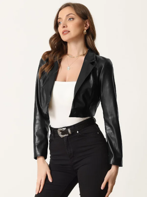 Faux Leather Cropped Blazer Lapel Collar Moto PU Jacket