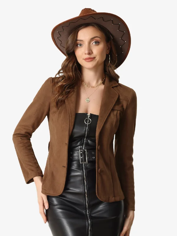 Faux Suede Blazer Notched Lapel Collar Casual Jacket with Belt