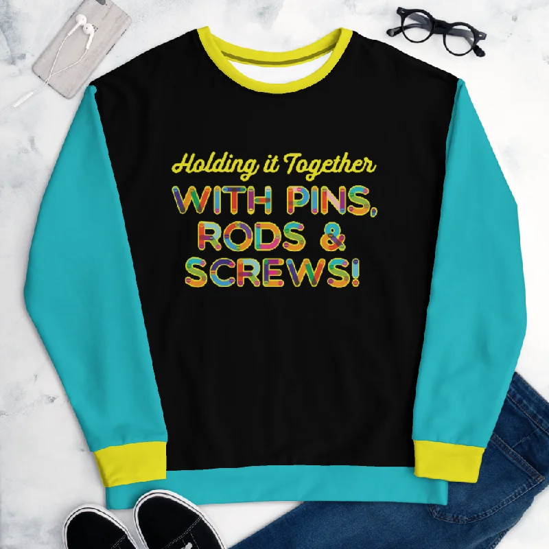 Holding It Together with Pins, Rods & Screws (Color Block Unisex Sweatshirt)