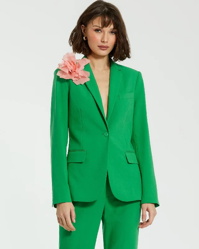 Green Classic Crepe Blazer Jacket With Flower - FINAL SALE