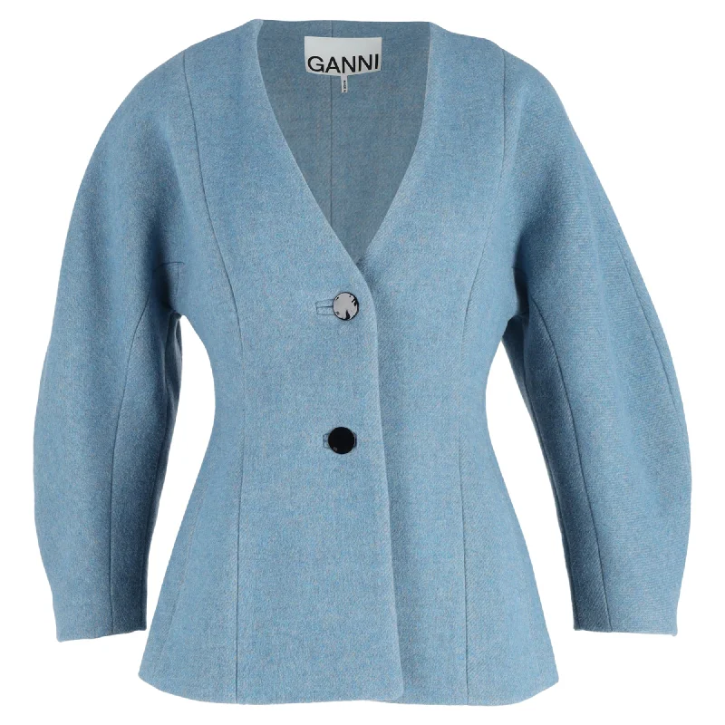 Ganni Blazer Twill Suiting with Curve Sleeve in Light Blue Wool