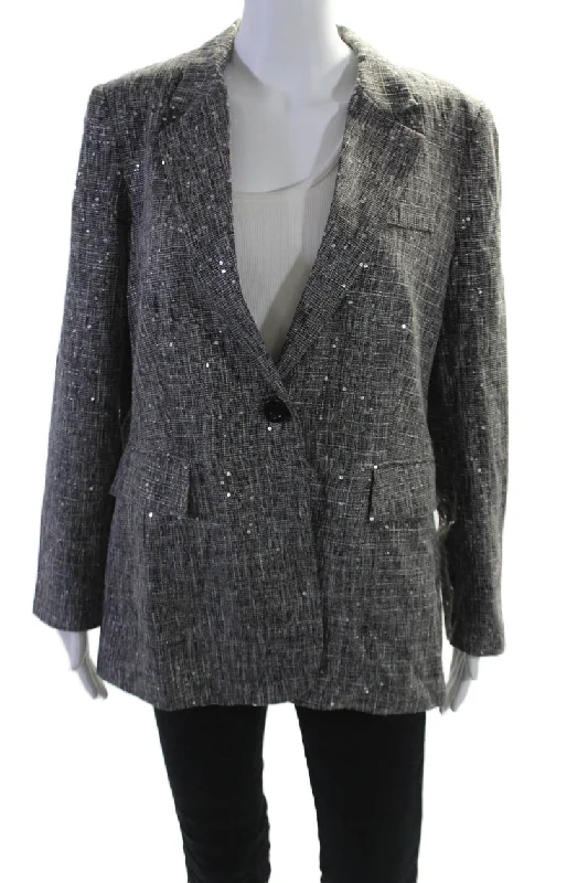 Insight Womens Holiday Sparkle Sequined Blazer Jacket Black White