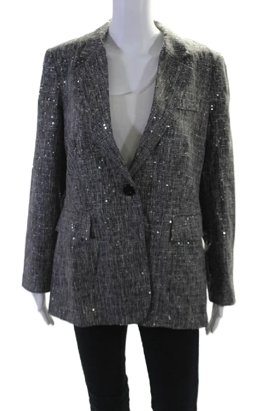 Insight Womens Holiday Sparkle Sequined Blazer Jacket Black White