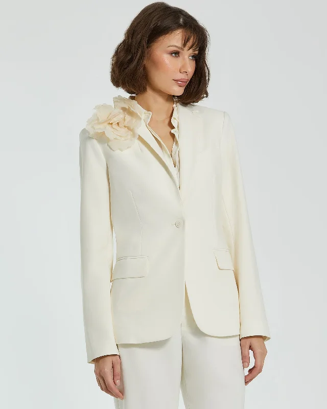 Ivory Classic Crepe Blazer Jacket With Flower - FINAL SALE